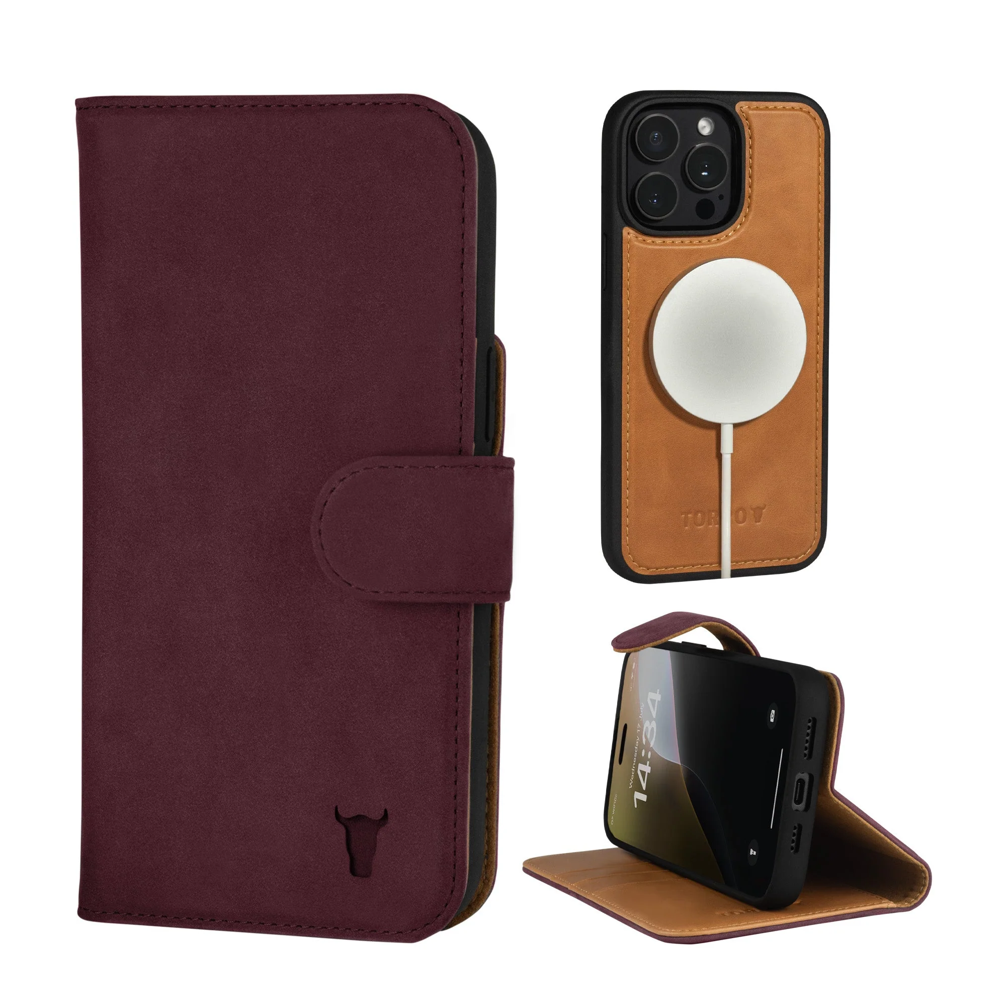 iPhone 15 Pro Nubukleder-Brieftaschenhülle (mit abnehmbarer Abdeckung)